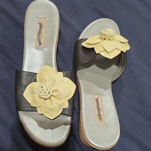 Brighton Helena Black Cream Leather Flower Cork Wedge Heel Sandals